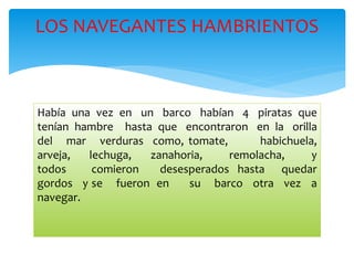 LOS NAVEGANTES HAMBRIENTOS 
Había una vez en un barco habían 4 piratas que 
tenían hambre hasta que encontraron en la orilla 
del mar verduras como, tomate, habichuela, 
arveja, lechuga, zanahoria, remolacha, y 
todos comieron desesperados hasta quedar 
gordos y se fueron en su barco otra vez a 
navegar. 
 