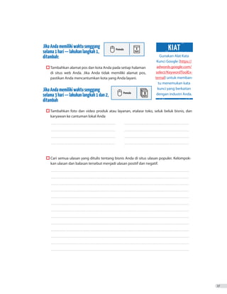 JikaAndamemilikiwaktusenggang
selama1hari—lakukanlangkah1,
ditambah:
	  Tambahkan alamat pos dan kota Anda pada setiap halaman
di situs web Anda. Jika Anda tidak memiliki alamat pos,
pastikan Anda mencantumkan kota yang Anda layani.
JikaAndamemilikiwaktusenggang
selama3hari—lakukanlangkah1dan2,
ditambah
	
	  Tambahkan foto dan video produk atau layanan, etalase toko, seluk beluk bisnis, dan
karyawan ke cantuman lokal Anda
_ _ _ _ _ _ _ _ _ _ _ _ _ _ _ _ _ _ _ _ _ _ _ _ _ _ _ _ _ _ _ _ _ _ _ _ _ _ _ _ _ _ _ _ _ _ _ _ _ _ _ _ _ _ _ _ _ _ _ _ _ _ _ _ _ _ _ _ _ _ _ _ _ 	 ������������������������������������������������������������������������
_ _ _ _ _ _ _ _ _ _ _ _ _ _ _ _ _ _ _ _ _ _ _ _ _ _ _ _ _ _ _ _ _ _ _ _ _ _ _ _ _ _ _ _ _ _ _ _ _ _ _ _ _ _ _ _ _ _ _ _ _ _ _ _ _ _ _ _ _ _ _ _ _ 	 __ _ _ _ _ _ _ _ _ _ _ _ _ _ _ _ _ _ _ _ _ _ _ _ _ _ _ _ _ _ _ _ _ _ _ _ _ _ _ _ _ _ _ _ _ _ _ _ _ _ _ _ _ _ _ _ _ _ _ _ _ _ _ _ _ _ _ _ _ _ _ _
_ _ _ _ _ _ _ _ _ _ _ _ _ _ _ _ _ _ _ _ _ _ _ _ _ _ _ _ _ _ _ _ _ _ _ _ _ _ _ _ _ _ _ _ _ _ _ _ _ _ _ _ _ _ _ _ _ _ _ _ _ _ _ _ _ _ _ _ _ _ _ _ _ 	 ������������������������������������������������������������������������
_ _ _ _ _ _ _ _ _ _ _ _ _ _ _ _ _ _ _ _ _ _ _ _ _ _ _ _ _ _ _ _ _ _ _ _ _ _ _ _ _ _ _ _ _ _ _ _ _ _ _ _ _ _ _ _ _ _ _ _ _ _ _ _ _ _ _ _ _ _ _ _ _ 	 ������������������������������������������������������������������������
	
	 Cari semua ulasan yang ditulis tentang bisnis Anda di situs ulasan populer. Kelompok-
kan ulasan dan balasan tersebut menjadi ulasan positif dan negatif.
����������������������������������������������������������������������������������������������������������������������������������������������������������
����������������������������������������������������������������������������������������������������������������������������������������������������������
����������������������������������������������������������������������������������������������������������������������������������������������������������
����������������������������������������������������������������������������������������������������������������������������������������������������������
����������������������������������������������������������������������������������������������������������������������������������������������������������
����������������������������������������������������������������������������������������������������������������������������������������������������������
����������������������������������������������������������������������������������������������������������������������������������������������������������
����������������������������������������������������������������������������������������������������������������������������������������������������������
����������������������������������������������������������������������������������������������������������������������������������������������������������
����������������������������������������������������������������������������������������������������������������������������������������������������������
����������������������������������������������������������������������������������������������������������������������������������������������������������
����������������������������������������������������������������������������������������������������������������������������������������������������������
����������������������������������������������������������������������������������������������������������������������������������������������������������
37
Gunakan Alat Kata
Kunci Google (https://
adwords.google.com/
select/KeywordToolEx-
ternal) untuk memban-
tu menemukan kata
kunci yang berkaitan
dengan industri Anda.
KIAT
 