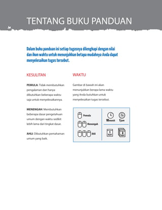 CHAPTER 1
Dalambukupanduaninisetiaptugasnyadilengkapidengannilai
danikonwaktuuntukmenunjukkanbetapamudahnyaAndadapat
menyelesaikantugastersebut.
TENTANG BUKU PANDUAN
KESULITAN
PEMULA: Tidak membutuhkan
pengalaman dan hanya
dibutuhkan beberapa waktu
saja untuk menyelesaikannya.
MENENGAH: Membutuhkan
beberapa dasar pengetahuan
umum dengan waktu sedikit
lebih lama dari tingkat dasar.
AHLI: Dibutuhkan pemahaman
umum yang baik.
WAKTU
Gambar di bawah ini akan
menunjukkan berapa lama waktu
yang Anda butuhkan untuk
menyelesaikan tugas tersebut.
 