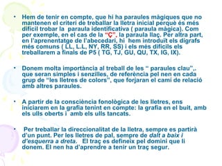 •

Hem de tenir en compte, que hi ha paraules màgiques que no
mantenen el criteri de treballar la lletra inicial perquè és més
difícil trobar la paraula identificativa ( paraula màgica). Com
per exemple, en el cas de la “Ç”, la paraula llaç. Per altra part,
en l’aprenentatge de l’abecedari, hi hem introduït els dígrafs
més comuns ( LL, L.L, NY, RR, SS) i els més difícils els
treballarem a finals de P5 ( TG, TJ, GU, QU, TX, IG, IX).

•

Donem molta importància al treball de les “ paraules clau”,.
que seran simples i senzilles, de referència pel nen en cada
grup de “les lletres de colors”, que forjaran el camí de relació
amb altres paraules.

•

A partir de la consciència fonològica de les lletres, ens
iniciarem en la grafia tenint en compte: la grafia en el buit, amb
els ulls oberts i amb els ulls tancats.

•

Per treballar la direccionalitat de la lletra, sempre es partirà
d’un punt. Per les lletres de pal, sempre de dalt a baix i
d’esquerra a dreta. El traç es defineix pel domini que li
donem. El nen ha d’aprendre a tenir un traç segur.

 