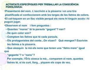 ACTIVITATS ESPECÍFIQUES PER TREBALLAR LA CONSCIÈNCIA
FONOLÒGICA:

•Presentació del nom. L’escrivim a la pissarra i en una tira
plastificada el confeccionem amb les targes de les lletres de colors.
•El col·loquem en un lloc visible perquè els nens hi tinguin accés i hi
puguin jugar.
•Observem el nom i fem preguntes :
- Quantes “mares” té la paraula “gegant”? nan?
- De quin color són?
- Comptem les lletres que té cada paraula.
- Els protagonistes del conte...On viuen? Què mengen? Escrivim
les lletres a la pissarra.
- Que aixequin la mà els nens que tenen una “lletra mare” igual
que
“gegants”? o “nans”?
Per exemple, l’Èric aixeca la mà... comparem el nom, quantes
lletres té, si és curt, llarg... piquem els cops de veu.

 