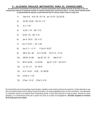 V .- ALGUNOS PASAJES MOTIVANTES PARA EL EVANGELISMO .
  A continuación encontrarás una serie de 15 lecturas propuestas para meditar durante el período en que se
contará para resolver el presente estudio. Si dedicas tiempo para una lectura diaria , en dos meses habrás tenido
               la oportunidad de exponer tu pensamiento por lo menos cuatro veces en cada una.

              1)       Gen 4:9      Is 6:1-8 , 61:1-6 Jer 1:5-10 Ez 22:30

              2)       Dt 30: 15-20      Ro 10: 1-17

              3)       Is 1: 1-31

              4)       Is 55: 1-13 , 58: 1-12

              5)      Is 63: 1-6 , 65: 1-12

              6)      Jer 4: 19-31 , 20: 7-13

              7)      Ez 3: 10-21 , 33: 1-20

              8)      Jon 3: 1 - 4: 11       1 Cor 9: 16-27

              9)       Mt 9: 35 - 38      Jn 4: 27-38     Ef 2:1-3 , 11-13

              10)      Mt 25: 31-46        Ap 20 :10 - 15      Heb 9: 27

              11)     Mr 8: 34-38 , 9: 42-48            Ap 21: 1-27 , 22:10-17

              12)      Lc 13: 1-5 , 16: 19-31

              13)     Jn 3: 14-21 , 8:24 , 12: 46-50

              14)     2 Cor 5 : 1-10

              15)     2 Tes 1: 5-12      2 Pe 3: 3-15



Es importante que en los pasajes mencionados, medites y ores sobre tu lectura de cada día. Anota además lo que
Dios te enseñe acerca de tu actitud hacia el hombre y tú responsabilidad para con los incrédulos, considerando
su condición actual y su destino ﬁnal. Finalmente anota lo que Dios hace en tu vida al pasar tiempo en estos
pasajes y un compromiso ﬁrme de tu parte con Dios en cuanto al evangelismo. (Puedes emplear el reverso
de la hoja para tus notas).
 