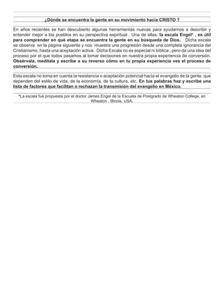 ¿Dónde se encuentra la gente en su movimiento hacia CRISTO ?

En años recientes se han descubierto algunas herramientas nuevas para ayudarnos a describir y
entender mejor a los pueblos en su perspectiva espiritual . Una de ellas, la escala Engel* , es útil
para comprender en qué etapa se encuentra la gente en su búsqueda de Dios. Dicha escala
se observa en la página siguiente y nos muestra una progresión desde una completa ignorancia del
Cristianismo, hasta una aceptación activa. Dicha Escala no es especial ni bíblica , pero da una idea del
proceso por el que todos pasamos al tomar decisiones en nuestra propia experiencia de conversión.
Obsérvala, medítala y escribe a su reverso cómo en tu propia experiencia ves el proceso de
conversión.

Esta escala no toma en cuenta la resistencia o aceptación potencial hacia el evangelio de la gente, que
dependen del estilo de vida, de la economía, de la cultura, etc. En tus palabras haz y escribe una
lista de factores que facilitan o rechazan la transmisión del evangelio en México.

  *La escala fué propuesta por el doctor James Engel de la Escuela de Postgrado de Wheaton College, en
                                           Wheaton , Illinois, USA.
 