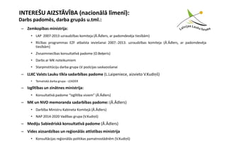 INTEREŠU AIZSTĀVĪBA (nacionālā līmenī):
Darbs padomēs, darba grupās u.tml.:
 – Zemkopības ministrija:
      • LAP 2007-2013 uzraudzības komiteja (Ā.Ādlers, ar padomdevēja tiesībām)
      • Rīcības programmas EZF atbalsta ieviešanai 2007.-2013. uzraudzības komiteja (Ā.Ādlers, ar padomdevēja
        tiesībām)
      • Zivsaimniecības konsultatīvā padome (O.Beķeris)
      • Darbs ar MK noteikumiem
      • Starpinstitūciju darba grupa LV pozīcijas saskaņošanai
 – LLKC Valsts Lauku tīkla sadarbības padome (L.Laipeniece, aizvieto V.Kudiņš)
      •   Tematiskā darba grupa - LEADER

 – Izglītības un zinātnes ministrija:
      • Konsultatīvā padome “Izglītība visiem” (Ā.Ādlers)
 – MK un NVO memoranda sadarbības padome: (Ā.Ādlers)
      • Darbība Ministru Kabineta Komitejā (Ā.Ādlers)
      • NAP 2014-2020 Vadības grupa (V.Kudiņš)
 – Mediju Sabiedriskā konsultatīvā padome (Ā.Ādlers)
 – Vides aizsardzības un reģionālās attīstības ministrija
      • Konsultācijas reģionālās politikas pamatnostādnēm (V.Kudiņš)
 