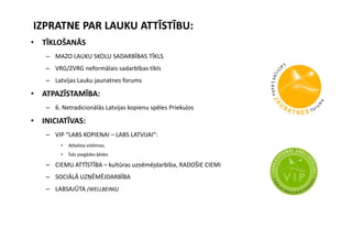 IZPRATNE PAR LAUKU ATTĪSTĪBU:
• TĪKLOŠANĀS
   – MAZO LAUKU SKOLU SADARBĪBAS TĪKLS
   – VRG/ZVRG neformālais sadarbības tīkls
   – Latvijas Lauku jaunatnes forums

• ATPAZĪSTAMĪBA:
   – 6. Netradicionālās Latvijas kopienu spēles Priekuļos

• INICIATĪVAS:
   – VIP “LABS KOPIENAI – LABS LATVIJAI”:
        •   Atbalsta sistēmas;
        •   Īsās piegādes ķēdes

   – CIEMU ATTĪSTĪBA – kultūras uzņēmējdarbība, RADOŠIE CIEMI
   – SOCIĀLĀ UZŅĒMĒJDARBĪBA
   – LABSAJŪTA (WELLBEING)
 