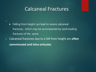 Calcaneal Fractures
 Falling from height can lead to severe calcaneal
fractures, which may be accompanied by axial loading
fractures of the spine.
▪
▪ Calcaneal fractures due to a fall from height are often
comminuted and intra-articular.
 