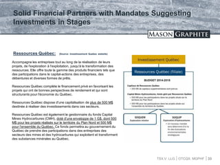 TSX.V: LLG OTCQX: MGPHF 33
Ressources Québec: (Source: Investissement Quebec website)
Solid Financial Partners with Mandates Suggesting
Investments in Stages
Accompagne les entreprises tout au long de la réalisation de leurs
projets, de l'exploration à l'exploitation, jusqu'à la transformation des
ressources. Elle offre toute la gamme des produits financiers tels que
des participations dans le capital-actions des entreprises, des
débentures et diverses formes de prêts.
Ressources Québec complète le financement privé en favorisant les
projets qui ont de bonnes perspectives de rendement et qui sont
structurants pour l'économie du Québec.
Ressources Québec dispose d'une capitalisation de plus de 500 M$
destinée à réaliser des investissements dans ces secteurs.
Ressources Québec est également le gestionnaire du fonds Capital
Mines Hydrocarbures (CMH), doté d'une enveloppe de 1 G$, dont 500
M$ pour les projets réalisés sur le territoire du Plan Nord et 500 M$
pour l’ensemble du Québec. Ce fonds permettra au gouvernement du
Québec de prendre des participations dans des entreprises des
secteurs des mines et des hydrocarbures qui exploitent et transforment
des substances minérales au Québec.
 