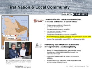 TSX.V: LLG OTCQX: MGPHF
First Nation & Local Community
 No permanent residents in the vicinity
of the Lac Guéret deposit
 Successful dialogue since early 2012
 Valuable and proactive partner
 Cooperation Agreement announced in July 2014
 Mushalakan Impact Benefit Agreement (IBA) announced in June 2017
 Leadership re-elected in August 2016 for a 4 years mandate
22
The Pessamit Innu First Nation community
is located 60 km west of Baie-Comeau
Pessamit
Lac Guéret Deposit
Partnership with RMBMU on sustainable
development and social acceptability
 Aiming for the highest standards of sustainable mining
development and social acceptability through their
international network
 Leveraging its expertise in all aspects of community
relations
 Ensure harmonious integration of the project within the
environment and the community
“From the outset, Mason Graphite acted with great respect and
ethics towards our First Nation. The approach undertaken by
Benoît Gascon and his team created a standard on the territory
of Pessamit”
-Chief René Simon, commenting on the
Mushalakan Impact Benefit Agreement
Video available at:
www.masongraphite.com
 