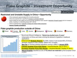 TSX.V: LLG OTCQX: MGPHF
 China represents approximately 65% of world production
 China has experienced a significant increase in domestic demand
 Export tariffs and new safety and environmental regulations have caused a reduction of export supply and an increase in
prices, resulting in a restocking phase (2011-2012).
 China is experiencing a reduction of large and medium flake production
 Issues of quality consistency
Flake Graphite – Investment Opportunity
 * Benchmark Mineral Intelligence: “Market has doubled every 10 years”
 Urbanization of China and India is driving the demand of graphite in traditional
applications
 China to build Strategic Reserve: By 2020, reserve must exceed 80% of China’s
domestic capacity to hold a steady “bottom line” of supply(1)
 New Tax on Chinese polluting operations coming in effect in January 2018(2)
 Chinese Graphite Prices Keep Rising – Industrial Minerals, July 31st 2017(3)
 European Graphite Prices Rise Sharply – Industrial Minerals, October 5th 2017(4)
 Natural Graphite classified as one of 14 critical raw materials by the European Union
in 2014
10
Past Graphite Global Consumption*
(Flake and Amorphous)
Restricted and Unstable Supply in China = Opportunity
Flake graphite production outside of China:
Brazil Canada India Madagascar Norway Zimbabwe GermanyUkraine
1- http://www.indmin.com/Article/3645694/SectorNews/China-to-stockpile-large-volumes-of-minerals-under-new-plan.html
2- http://www.indmin.com/Article/3650648/Chinese-environmental-law-to-tackle-mining-pollution.html
3- http://www.indmin.com/Article/3737642/Graphite-LatestNews/Chinese-graphite-prices-keep-rising.html
4- http://www.indmin.com/Article/3757050/European-graphite-prices-rise-sharply.html
Imerys Carbon
 