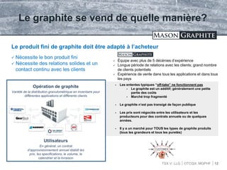 TSX.V: LLG OTCQX: MGPHF 12
Le graphite se vend de quelle manière?
 Les ententes typiques “off-take” ne fonctionnent pas
 Le graphite est un additif; généralement une petite
partie des coûts
 Marché trop fragmenté
 Le graphite n’est pas transigé de façon publique
 Les prix sont négociés entre les utilisateurs et les
producteurs pour des contrats annuels ou de quelques
années.
 Il y a un marché pour TOUS les types de graphite produits
(tous les grandeurs et tous les puretés)
Opération de graphite
Variété de la distribution granulométrique en inventaire pour
différentes applications et différents clients
Utilisateurs
En général, un contrat
d’approvisionnement annuel établit les
prix, les specifications, le volume, le
calendrier et la livraison
Le produit fini de graphite doit être adapté à l’acheteur
 Nécessite le bon produit fini
 Nécessite des relations solides et un
contact continu avec les clients
 Équipe avec plus de 5 décénies d’expérience
 Longue période de relations avec les clients; grand nombre
de clients potentiels
 Expérience de vente dans tous les applications et dans tous
les pays
 