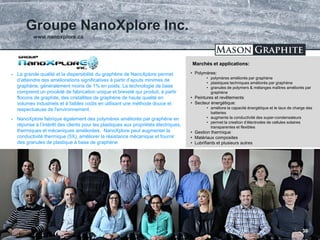 TSX.V: LLG OTCQX: MGPHF
Groupe NanoXplore Inc.
30
 La grande qualité et la dispersibilité du graphène de NanoXplore permet
d’atteindre des améliorations significatives à partir d’ajouts minimes de
graphène, généralement moins de 1% en poids. La technologie de base
comprend un procédé de fabrication unique et breveté qui produit, à partir
flocons de graphite, des cristallites de graphène de haute qualité en
volumes industriels et à faibles coûts en utilisant une méthode douce et
respectueuse de l'environnement.
 NanoXplore fabrique également des polymères améliorés par graphène en
réponse à l’intérêt des clients pour les plastiques aux propriétés électriques,
thermiques et mécaniques améliorées. NanoXplore peut augmenter la
conductivité thermique (5X), améliorer la résistance mécanique et fournir
des granules de plastique à base de graphène
• Polymères:
• polymères améliorés par graphène
• plastiques techniques améliorés par graphène
• granules de polymers & mélanges maîtres améliorés par
graphène
• Peintures et revêtements
• Secteur énergétique:
• améliore la capacité énergétique et le taux de charge des
batteries
• augmente la conductivité des super-condensateurs
• permet la creation d’électrodes de cellules solaires
transparentes et flexibles
• Gestion thermique
• Matériaux composites
• Lubrifiants et plusieurs autres
Marchés et applications:
www.nanoxplore.ca
 
