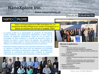 TSX.V: LLG OTCQX: MGPHF
NanoXplore Inc.
31
 La grande qualité et la dispersabilité du graphène de NanoXplore
permet d’atteindre des améliorations significatives à partir d’ajouts
minimes de graphène, généralement moins de 1% en poids. La
technologie de base comprend un procédé de fabrication unique et
breveté qui produit, à partir flocons de graphite, des cristallites de
graphène de haute qualité en volumes industriels et à faibles coûts en
utilisant une méthode douce et respectueuse de l'environnement.
 NanoXplore fabrique également des polymères améliorés par graphène
en réponse à l’intérêt des clients pour les plastiques aux propriétés
électriques, thermiques et mécaniques améliorées. NanoXplore peut
augmenter la conductivité thermique (5X), améliorer la résistance
mécanique et fournir des granules de plastique à base de graphène
www.nanoxplore.ca
Suite à un financement de 9,7M$, NanoXplore Inc. est
maintenant Société publique et ses actions se transigent sur la
Bourse de croissance du TSX sous le symbole “GRA”
• Polymères:
• polymères améliorés par graphène
• plastiques techniques améliorés par graphène
• granules de polymers & mélanges maîtres améliorés par
graphène
• Peintures et revêtements
• Secteur énergétique:
• améliore la capacité énergétique et le taux de charge des
batteries
• augmente la conductivité des super-condensateurs
• permet la création d’électrodes de cellules solaires
transparentes et flexibles
• Gestion thermique
• Matériaux composites
• Lubrifiants et plusieurs autres
Marchés et applications:
 