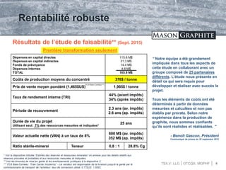 TSX.V: LLG OTCQX: MGPHF 4
Rentabilité robuste
Résultats de l’étude de faisabilité** (Sept. 2015)
Première transformation seulement
Dépenses en capital directes
Dépenses en capital indirectes
Fonds de prévoyance
Dépenses internes
TOTAL
115.6 M$
31.3 M$
14.4 M$
4.6 M$
165.9 M$
Coûts de production moyens du concentré 376$ / tonne
Prix de vente moyen pondéré (1,465$US) 1,905$ / tonne
Taux de rendement interne (TRI)
44% (avant impôts)
34% (après impôts)
Période de recouvrement
2.3 ans (av. impôts)
2.6 ans (ap. impôts)
Durée de vie du projet
Utilisant seul. 7% des ressources mesurées et indiquées*
25 ans
Valeur actuelle nette (VAN) à un taux de 8%
600 M$ (av. impôts)
352 M$ (ap. impôts)
Ratio stérile-minerai Teneur 0,8 : 1 28.8% Cg
“ Notre équipe a été grandement
impliquée dans tous les aspects de
cette étude en collaborant avec un
groupe composé de 25 partenaires
différents. L’étude nous présente en
détail ce qui sera requis pour
développer et réaliser avec succès le
projet.
Tous les éléments de coûts ont été
déterminés à partir de données
mesurées et calculées et non pas
établis par prorata. Selon notre
expérience dans la production de
graphite, nous sommes confiants
qu’ils sont réalistes et réalisables. ”
- Benoît Gascon, Président
Communiqué de presse du 25 septembre 2015
* Voir la diapositive intitulée “Estimés des réserves et ressources minerales” en annexe pour les details relatifs aux
réserves prouvées et probables et aux ressources mesurées et indiquées;
** Voir les énoncés de mise en garde et les avertissements juridiques à la diapositive 2;
*** FCA Baie-Comeau: “Free Carrier Incoterms” – Le vendeur est responsable de la livraison jusqu’à la garde par le
commissionaire de transport de l’acheteur; taux de conversion utilisé: 0.77$US: 1.00$C
(FCA Baie-Comeau***)
 