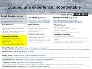 TSX.V: LLG OTCQX: MGPHF
Équipe: une expérience incontestable
Benoît Gascon, CPA, CA
Président & Chef de la Direction
6
Luc Veilleux, CPA, CA
VPE et Chef de la dir. financière
Jean L’Heureux, Ing., M. Ing.
VPE, Développement du procédé
20 ans en positions executives avec
Timcal/Imerys 20 ans en exploitation et graphite,Timcal/Imerys8 ans en graphite avec Timcal/Imerys
Rôles Antérieurs:
 VP Supérieur, Développement Corporatif, de la
Strategie et des ventes et Directeur Général
Adjoint (11 ans)
 Président de Stratmin Graphite Inc. de 1993 à
1999 (renommé: Timcal Canada)
 VP et CFO de Timcal (4 ans)
Rôles Antérieurs:
 VP Supérieur, Finance
 Chef des Opération, Amérique du Nord
 VP Finance Amérique du Nord
 Controleur Financier
Rôles Antérieurs:
 Chef des produits (marketing)
 Gérant des approvisionnements en graphite
 Gérant de la production
 Métallurgiste d’usine et Superviseur de laboratoire
Réalisations principales:
 Création de la clientèle de Stratmin
 Aquisition et intégration d’une compagnie
privée en Chine
 Supervision de 9 opérations dans 7 pays
 Fusion opérationnelle de Stratmin et Timcal
Réalisations principales:
 Mise en oeuvre d’une nouvelle structure
organisationnelle de production
 Fusion opérationelle de Stratmin et Timcal
 Réorganisation/Amélioration du support à la
clientèle en Amérique du Nord
Réalisations principales:
 Optimisation du schéma de traitement
 Croissance des ventes via support technique à la production et à la
clientèle
 Développement d’un système de gestion des specifications des clients
 Développement d’un système de gestion de la production
Simon Marcotte, B.A.A., CFA Directeur au développement corporatif
20 ans dans le marché des capitaux (Valeures Mobilères Cormark et Marchés Mondiaux CIBC), anciennement avec Alderon Iron Ore et Belo Sun Mining et présentement Administrateur indépendant de Arena Minerals.
André Gagnon, ing., M. ing. Directeur de projet
30 ans d’expérience dans la gestion de projets de l’industrie lourde incluant dans les mines et l’énergie. Son rôle est de gérer et coordoner les travaux d’ingénierie, de construction et de mise en service.
Robert Allard, Director principal, approvisionnement et logistique
30 ans en gestion de la chaîne d'approvisionnement (secteurs minier, manufacturier, industriel et aérospatial). Son role est lié aux activités d’approvisionnement, aux achats d’équipements et la gestion du matériel aux sites.
Geneviève Pichet, M.Sc., ing. Directrice, études techniques et projets spéciaux
Précédemment membre de l’équipe de Hatch où elle a occupé plusieurs postes depuis 1996, nottamment Associée, Directrice du département des procédés et Ingégineure de procédé.
Jacqueline Leroux, ing. Directrice au développement durable
Elle a aidé à développer les projets de deux companies minières majeures au Québec (Projet BlackRock et Projet Éléonore) où elle a avancé et finalisé avec succès les processus d’obtention des permis.
Geneviève Gauthier, ing., Directrice de la métallurgie et des procédés
10 ans d’expérience en ingénierie des procédés nottamment avec Soutex où elle a récemment travaillé sur l’étude de faisabilité et le travail pré-execution du projet du Lac Guéret de Mason Graphite.
 