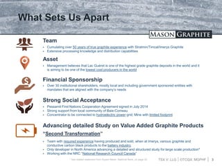TSX.V: LLG OTCQX: MGPHF 3
What Sets Us Apart
 Cumulating over 50 years of true graphite experience with Stratmin/Timcal/Imerys Graphite
 Extensive processing knowledge and distribution capabilities
Team
 Management believes that Lac Guéret is one of the highest grade graphite deposits in the world and it
is aiming to be one of the lowest cost producers in the world
Asset
 Over 30 institutional shareholders, mostly local and including government sponsored entities with
mandates that are aligned with the company’s needs
Financial Sponsorship
 Pessamit First Nations Cooperation Agreement signed in July 2014
 Strong support from local community of Baie-Comeau
 Concentrator to be connected to hydroelectric power grid; Mine with limited footprint
Strong Social Acceptance
Advancing detailed Study on Value Added Graphite Products
“Second Transformation”
 Team with required experience having produced and sold, when at Imerys, various graphite and
conductive carbon black products to the battery industry.
 Only developer in North America advancing a detailed and structured study for large scale production*
 Working with the NRC “National Research Council Canada”
* See related statement from Rupert Merer, National Bank, on page 20
 