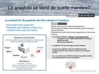 TSX.V: LLG OTCQX: MGPHF 12
Le graphite se vend de quelle manière?
 Les ententes typiques “off-take” ne fonctionnent pas
 Le graphite est un additif; généralement une petite
partie des coûts
 Marché trop fragmenté
 Le graphite n’est pas transigé de façon publique
 Les prix sont négociés entre les utilisateurs et les
producteurs pour des contrats annuels ou de quelques
années.
 Il y a un marché pour TOUS les types de graphite produits
(tous les grandeurs et tous les puretés)
Opération de Graphite
Variété de la distribution granulométrique en inventaire pour
différentes applications et différents clients
Utilisateurs
En général, un contrat
d’approvisionnement annuel établit les
prix, les specifications, le volume, le
calendrier et la livraison
Le produit fini de graphite doit être adapté à l’acheteur
 Nécessite le bon produit fini
 Nécessite des relations solides et un
contact continu avec les clients
 Equipe avec plus de 5 décénies d’expérience
 Des années de relations avec les clients; grand nombre de
clients potentiels
 Expérience de vente dans tous les applications et dans tous
les pays
 
