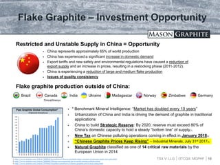 TSX.V: LLG OTCQX: MGPHF
 China represents approximately 65% of world production
 China has experienced a significant increase in domestic demand
 Export tariffs and new safety and environmental regulations have caused a reduction of
export supply and an increase in prices, resulting in a restocking phase (2011-2012).
 China is experiencing a reduction of large and medium flake production
 Issues of quality consistency
Flake Graphite – Investment Opportunity
 * Benchmark Mineral Intelligence: “Market has doubled every 10 years”
 Urbanization of China and India is driving the demand of graphite in traditional
applications
 China to build Strategic Reserve: By 2020, reserve must exceed 80% of
China’s domestic capacity to hold a steady “bottom line” of supply(1)
 New Tax on Chinese polluting operations coming in effect in January 2018(2)
 “Chinese Graphite Prices Keep Rising” – Industrial Minerals, July 31st 2017(3)
 Natural Graphite classified as one of 14 critical raw materials by the
European Union in 2014
10
Past Graphite Global Consumption*
(Flake and Amorphous)
Restricted and Unstable Supply in China = Opportunity
Flake graphite production outside of China:
Timcal/Imerys
Brazil Canada India Madagascar Norway Zimbabwe GermanyUkraine
1- http://www.indmin.com/Article/3645694/SectorNews/China-to-stockpile-large-volumes-of-minerals-under-new-plan.html
2- http://www.indmin.com/Article/3650648/Chinese-environmental-law-to-tackle-mining-pollution.html
3- http://www.indmin.com/Article/3737642/Graphite-LatestNews/Chinese-graphite-prices-keep-rising.html
 