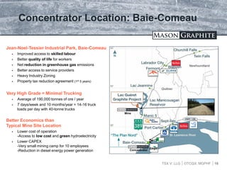 TSX.V: LLG OTCQX: MGPHF
Concentrator Location: Baie-Comeau
16
Jean-Noel-Tessier Industrial Park, Baie-Comeau
 Improved access to skilled labour
 Better quality of life for workers
 Net reduction in greenhouse gas emissions
 Better access to service providers
 Heavy Industry Zoning
 Property tax reduction agreement (1st 5 years)
Very High Grade = Minimal Trucking
 Average of 190,000 tonnes of ore / year
 7 days/week and 10 months/year = 14-16 truck
loads per day with 40-tonne trucks
Better Economics than
Typical Mine Site Location
 Lower cost of operation
-Access to low cost and green hydroelectricity
 Lower CAPEX
-Very small mining camp for 10 employees
-Reduction in diesel energy power generation
Mine
Concentrator
 