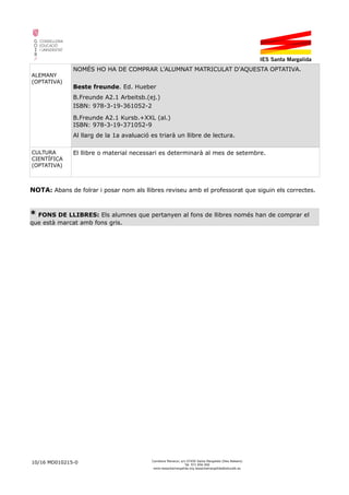 ALEMANY
(OPTATIVA)
NOMÉS HO HA DE COMPRAR L'ALUMNAT MATRICULAT D'AQUESTA OPTATIVA.
Beste freunde. Ed. Hueber
B.Freunde A2.1 Arbeitsb.(ej.)
ISBN: 978-3-19-361052-2
B.Freunde A2.1 Kursb.+XXL (al.)
ISBN: 978-3-19-371052-9
Al llarg de la 1a avaluació es triarà un llibre de lectura.
CULTURA
CIENTÍFICA
(OPTATIVA)
El llibre o material necessari es determinarà al mes de setembre.
NOTA: Abans de folrar i posar nom als llibres reviseu amb el professorat que siguin els correctes.
* FONS DE LLIBRES: Els alumnes que pertanyen al fons de llibres només han de comprar el
que està marcat amb fons gris.
10/16 MD010215-0 Carretera Manacor, s/n 07450 Santa Margalida (Illes Balears)
Tel. 971 856 000
www.iessantamargalida.org iessantamargalida@educaib.eu
 