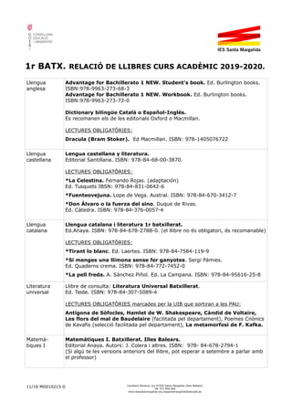 1r BATX. RELACIÓ DE LLIBRES CURS ACADÈMIC 2019-2020.
Llengua
anglesa
Advantage for Bachillerato 1 NEW. Student's book. Ed. Burlington books.
ISBN:978-9963-273-68-3
Advantage for Bachillerato 1 NEW. Workbook. Ed. Burlington books.
ISBN:978-9963-273-72-0
Dictionary bilingüe Català o Español-Inglés.
Es recomanen els de les editorials Oxford o Macmillan.
LECTURES OBLIGATÒRIES:
Dracula (Bram Stoker). Ed Macmillan. ISBN: 978-1405076722
Llengua
castellana
Lengua castellana y literatura.
Editorial Santillana. ISBN: 978-84-68-00-3870.
LECTURES OBLIGATÒRIES:
*La Celestina. Fernando Rojas. (adaptación)
Ed. Tusquets IBSN: 978-84-831-0642-6
*Fuenteovejuna. Lope de Vega. Austral. ISBN: 978-84-670-3412-7
*Don Álvaro o la fuerza del sino. Duque de Rivas.
Ed. Cátedra. ISBN: 978-84-376-0057-4
Llengua
catalana
Llengua catalana i literatura 1r batxillerat.
Ed.Anaya. ISBN: 978-84-678-2788-0. (el llibre no és obligatori, és recomanable)
LECTURES OBLIGATÒRIES:
*Tirant lo blanc. Ed. Laertes. ISBN: 978-84-7584-119-9
*Si menges una llimona sense fer ganyotes. Sergi Pàmies.
Ed. Quaderns crema. ISBN: 978-84-772-7452-0
*La pell freda. A. Sánchez Piñol. Ed. La Campana. ISBN: 978-84-95616-25-8
Literatura
universal
Llibre de consulta: Literatura Universal Batxillerat.
Ed. Teide. ISBN: 978-84-307-5089-4
LECTURES OBLIGATÒRIES marcades per la UIB que sortiran a les PAU:
Antígona de Sòfocles, Hamlet de W. Shakespeare, Càndid de Voltaire,
Les flors del mal de Baudelaire (facilitada pel departament), Poemes Cnònics
de Kavafis (selecció facilitada pel departament), La metamorfosi de F. Kafka.
Matemà-
tiques I
Matemàtiques I. Batxillerat. Illes Balears.
Editorial Anaya. Autors: J. Colera i altres. ISBN: 978- 84-678-2794-1
(Si algú te les versions anteriors del llibre, pot esperar a setembre a parlar amb
el professor)
11/16 MD010215-0 Carretera Manacor, s/n 07450 Santa Margalida (Illes Balears)
Tel. 971 856 000
www.iessantamargalida.org iessantamargalida@educaib.eu
 