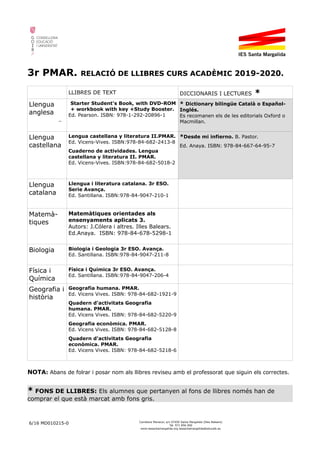 3r PMAR. RELACIÓ DE LLIBRES CURS ACADÈMIC 2019-2020.
LLIBRES DE TEXT DICCIONARIS I LECTURES *
Llengua
anglesa
Starter Student's Book, with DVD-ROM
+ workbook with key +Study Booster.
Ed. Pearson. ISBN: 978-1-292-20896-1

* Dictionary bilingüe Català o Español-
Inglés.
Es recomanen els de les editorials Oxford o
Macmillan.
Llengua
castellana
Lengua castellana y literatura II.PMAR.
Ed. Vicens-Vives. ISBN:978-84-682-2413-8
Cuaderno de actividades. Lengua
castellana y literatura II. PMAR.
Ed. Vicens-Vives. ISBN:978-84-682-5018-2
*Desde mi infierno. B. Pastor.
Ed. Anaya. ISBN: 978-84-667-64-95-7
Llengua
catalana
Llengua i literatura catalana. 3r ESO.
Serie Avança.
Ed. Santillana. ISBN:978-84-9047-210-1
Matemà-
tiques
Matemàtiques orientades als
ensenyaments aplicats 3.
Autors: J.Cólera i altres. Illes Balears.
Ed.Anaya. ISBN: 978-84-678-5298-1
Biologia Biologia i Geologia 3r ESO. Avança.
Ed. Santillana. ISBN:978-84-9047-211-8
Física i
Química
Física i Química 3r ESO. Avança.
Ed. Santillana. ISBN:978-84-9047-206-4
Geografia i
història
Geografia humana. PMAR.
Ed. Vicens Vives. ISBN: 978-84-682-1921-9
Quadern d'activitats Geografia
humana. PMAR.
Ed. Vicens Vives. ISBN: 978-84-682-5220-9
Geografia econòmica. PMAR.
Ed. Vicens Vives. ISBN: 978-84-682-5128-8
Quadern d'activitats Geografia
econòmica. PMAR.
Ed. Vicens Vives. ISBN: 978-84-682-5218-6
NOTA: Abans de folrar i posar nom als llibres reviseu amb el professorat que siguin els correctes.
* FONS DE LLIBRES: Els alumnes que pertanyen al fons de llibres només han de
comprar el que està marcat amb fons gris.
6/16 MD010215-0 Carretera Manacor, s/n 07450 Santa Margalida (Illes Balears)
Tel. 971 856 000
www.iessantamargalida.org iessantamargalida@educaib.eu
 