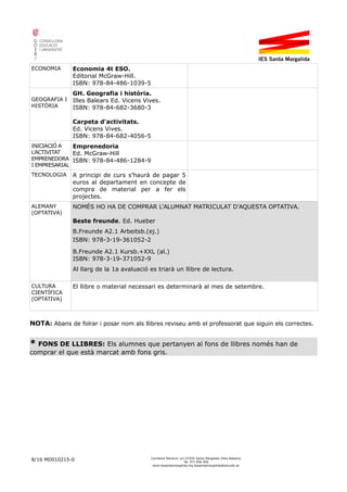 ECONOMIA Economia 4t ESO.
Editorial McGraw-Hill.
ISBN: 978-84-486-1039-5
GEOGRAFIA I
HISTÒRIA
GH. Geografia i història.
Illes Balears Ed. Vicens Vives.
ISBN: 978-84-682-3680-3
Carpeta d'activitats.
Ed. Vicens Vives.
ISBN: 978-84-682-4056-5
INICIACIÓ A
L'ACTIVITAT
EMPRENEDORA
I EMPRESARIAL
Emprenedoria
Ed. McGraw-Hill
ISBN: 978-84-486-1284-9
TECNOLOGIA A principi de curs s'haurà de pagar 5
euros al departament en concepte de
compra de material per a fer els
projectes.
ALEMANY
(OPTATIVA)
NOMÉS HO HA DE COMPRAR L'ALUMNAT MATRICULAT D'AQUESTA OPTATIVA.
Beste freunde. Ed. Hueber
B.Freunde A2.1 Arbeitsb.(ej.)
ISBN: 978-3-19-361052-2
B.Freunde A2.1 Kursb.+XXL (al.)
ISBN: 978-3-19-371052-9
Al llarg de la 1a avaluació es triarà un llibre de lectura.
CULTURA
CIENTÍFICA
(OPTATIVA)
El llibre o material necessari es determinarà al mes de setembre.
NOTA: Abans de folrar i posar nom als llibres reviseu amb el professorat que siguin els correctes.
* FONS DE LLIBRES: Els alumnes que pertanyen al fons de llibres només han de
comprar el que està marcat amb fons gris.
8/16 MD010215-0 Carretera Manacor, s/n 07450 Santa Margalida (Illes Balears)
Tel. 971 856 000
www.iessantamargalida.org iessantamargalida@educaib.eu
 