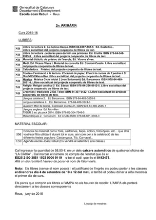 Generalitat de Catalunya
Departament d’Ensenyament
Escola Joan Rebull - Reus
2n. PRIMÀRIA
Curs 2015-16
LLIBRES:
NO
Llibre de lectura 2. La balena blanca. ISBN 84-8287-761-5 Ed. Castellno..
Llibre socialitzat del projecte cooperatiu de llibres de text.
NO
Llibre de lectura .Lecturas para dormir una princesa Ed. Cruïlla ISBN 978-84-348-
9595-9 . Llibre socialitzat del projecte cooperatiu de llibres de text.
NO Material didàctic de prèstec de l’escola, Ed. Vicens Vives.
NO
Medi. Ed. Vicens Vives i Material de consulta Ed. Combel-Casals Llibre socialitzat
del projecte cooperatiu de llibres de text.
NO Calculadora. Préstec del projecte cooperatiu de llibres de text.
NO
Contes d’animació a la lectura. El camió de paper, El rei i la corona de 7 pedres i El
Grúfal Ed Macmillan Llibre socialitzat del projecte cooperatiu de llibres de text.
NO
Música : Música Cicle Inicial 2 (nou Saltamartí) Ed. Barcanova ISBN 978-84-489-
2031-9. Llibre socialitzat del projecte cooperatiu de llibres de text.
NO
Religió: Religió catòlica 2 Ed. Edebé ISBN 978-84-236-8912-5. Llibre socialitzat del
projecte cooperatiu de llibres de text.
NO
Creences i tradicions 2 Ed. Teide ISBN 84-307-0422-1. Llibre socialitzat del projecte
cooperatiu de llibres de text.
Llengua catalana 2. Ed Barcanova. ISBN 978-84-489-3555-9
Lengua castellana 2. Ed. Barcanova. 978-84-489-3574-0
Quadern Món de lletres. Expressió escrita 2n. ISBN 978-84-489-2545-1
Llengua anglesa Ed. Mcmillan
TIGER 2 act pb pack 2014. ISBN 978-02-304-7546-5
Matemàtiques 2. Construïm. Ed Cruïlla ISBN 978-84-661-3784-3
MATERIAL ESCOLAR:
55€
Compra de material comú: folis, cartolines, llapis, colors, fotocòpies, etc... que el/la
vostre/a fill/a utilitzarà durant tot el curs, així com per a la celebració de les
diferents festes populars: Castanyada, Tió, Carnaval...
3,50 Agenda escola Joan Rebull (Es vendrà al setembre a la classe)
Cal ingressar la quantitat de 58,50 €, en un dels caixers automàtics de qualsevol oficina de
“LA CAIXA” . Cal marcar el número de compte de l’entitat que és el
ES25 2100 3851 1502 0000 9119 o bé el codi que és el 0442478.
Allà on diu remitent haureu de posar el nom de l’alumne/a.
Nota: Els llibres (sense el nom posat) i el justificant de l’ingrés els podeu portar a les classes
el divendres dia 4 de setembre de 10 a 12 del matí, o també el podeu donar a al/la mestre/a
el primer dia de curs.
Els pares que comprin els llibres a l’AMPA no els hauran de recollir. L’AMPA els portarà
directament a les classes corresponents
Reus, juny de 2015
L’equip de mestres
 