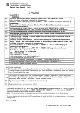 Generalitat de Catalunya
Departament d’Ensenyament
Escola Joan Rebull - Reus
4t. PRIMÀRIA
Curs 2015-16
LLIBRES:
NO Diccionari Primaria de la lengua espanyola Vox Ed Anaya Llibre préstec de l’escola.
Llibre socialitzat del projecte cooperatiu de llibres de text
NO Diccionari escolar català Grup promotor Santillana . Llibre socialitzat del projecte cooperatiu de
llibres de text
NO Contes col·lecció Biblioteca Escolar Clàssica: Tirnat lo Blanc. Llibre socialitzat del projecte
cooperatiu de llibres de text
NO Llengua castellana: Lengua 4. Leer y escribir (projecte 3/16) ISBN 978-84-661-1888-0.
Ed Cruïlla Pendent d’aprovació . Llibre socialitzat del projecte cooperatiu de llibres de text
NO Libro de lectura castellana:. Llibre socialitzat del projecte cooperatiu de llibres de text.
NO Matemàtiques: Matemàtiques 4 CM Ed. Cruïlla. ISBN 97888466138062 . Llibre socialitzat del projecte
cooperatiu de llibres de text
NO Llengua Catalana: Llengua 4. Ed. Edebé ISBN 978-84-236-8799-2 Llibre socialitzat del projecte
cooperatiu de llibres de text.
NO Diccionari d’anglès . Ed Macmillan. Llibre socialitzat del projecte cooperatiu de llibres de text
NO Religió Católica 4 Ed. Edebé .( només alumnes de religió catòlica) ISBN 978-84-236-8914-9. Llibre
socialitzat del projecte cooperatiu de llibres de text.
NO Creences i tradicions 3 Ed. Teide ISBN 978-84-307-0571-9. Llibre socialitzat del projecte
cooperatiu de llibres de text.
NO Música: llibre 4rt. Ed. Barcanova, ISBN 978-84-489-2254-2. Llibre préstec dels alumnes
Medi: Ciències Naturals: Ed. Vicens Vives
Ciències socials : Ed Vicens Vives
ISBN: 978846822913-3
Llengua Anglesa, Ed. Mcmillan
TIGER 4 ACTB Pack 2014 ISBN 9780230475731
TIGER4 PB2014 ISBN 9780230476332
Matemàtiques quadernets: Problemes n. 4 Ed. Edebè ISBN978-84-236-9011-4
Quadern Món de lletres. Expressió escrita 4t. Ed. Barcanova ISBN 978-84-489-2547-5
Llibre de lectura que es comprarà al setembre
MATERIAL ESCOLAR
Flauta de bec Hohner (o una de qualitat similar), amb funda, netejador i marcada amb el nom de l’alumne.
Un estoig (no metàl:lic) amb llapis Staedtler Noris HB2, goma, maquineta , bolígrafs BIC cristal blau, vermell i
negre. Retolador punta fina negre.
55€
Per la compra de material comú: folis, cartolines, llibretes, retoladors, plastidecors, ,fulls de quadrícula i
dues ratlles, pegament, ceres, enquadernadors i d’altre material de plàstica, així com per a la celebració de
les diferents festes populars , Castanyada, Carnaval, setmana cultural.
4€ Agenda escola Joan Rebull (es vendrà al setembre a la classe).
6€ Carpeta classificadora de l’escola Joan Rebull
Cal ingressar la quantitat de 65 €, en un dels caixers automàtics de qualsevol oficina de “LA CAIXA” Cal marcar
el número de compte de l’entitat que és el ES25 2100 3851 1502 0000 9119 o bé el codi que és el 0442478.
Allà on diu remitent haureu de posar el nom de l’alumne/a.
Nota: Els llibres, el material i el resguard de d’ingrés l’han de portar a l’escola el primer dia de classe
Els pares que comprin els llibres a l’AMPA no els hauran de recollir. L’AMPA els portarà directament a les classes
corresponents.
Reus, juny 2015
EL CLAUSTRE DEL PROFESSORAT
 