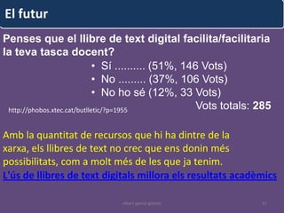 El futur
Penses que el llibre de text digital facilita/facilitaria
la teva tasca docent?
                              • Sí .......... (51%, 146 Vots)
                              • No ......... (37%, 106 Vots)
                              • No ho sé (12%, 33 Vots)
 http://phobos.xtec.cat/butlletic/?p=1955              Vots totals: 285

Amb la quantitat de recursos que hi ha dintre de la
xarxa, els llibres de text no crec que ens donin més
possibilitats, com a molt més de les que ja tenim.
L'ús de llibres de text digitals millora els resultats acadèmics

                               albert garcia iglesias               41
 