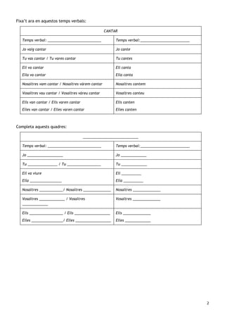 Fixa’t ara en aquestos temps verbals:

                                                   CANTAR

   Temps verbal: ___________________________             Temps verbal:_________________________

   Jo vaig cantar                                        Jo cante

   Tu vas cantar / Tu vares cantar                       Tu cantes

   Ell va cantar                                         Ell canta
   Ella va cantar                                        Ella canta

   Nosaltres vam cantar / Nosaltres vàrem cantar         Nosaltres cantem

   Vosaltres vau cantar / Vosaltres vàreu cantar         Vosaltres canteu

   Ells van cantar / Ells varen cantar                   Ells canten
   Elles van cantar / Elles varen cantar                 Elles canten



Completa aquests quadres:

                                         ____________________________

   Temps verbal: ___________________________             Temps verbal:_________________________

   Jo __________________                                 Jo _____________

   Tu _______________ / Tu _________________             Tu _____________

   Ell va viure                                          Ell __________
   Ella ________________                                 Ella __________

   Nosaltres ____________/ Nosaltres ______________      Nosaltres ______________

   Vosaltres _____________ / Vosaltres                   Vosaltres ______________
   _____________

   Ells _________________ / Ells __________________      Ells ______________
   Elles ________________/ Elles __________________      Elles _____________




                                                                                                  2
 