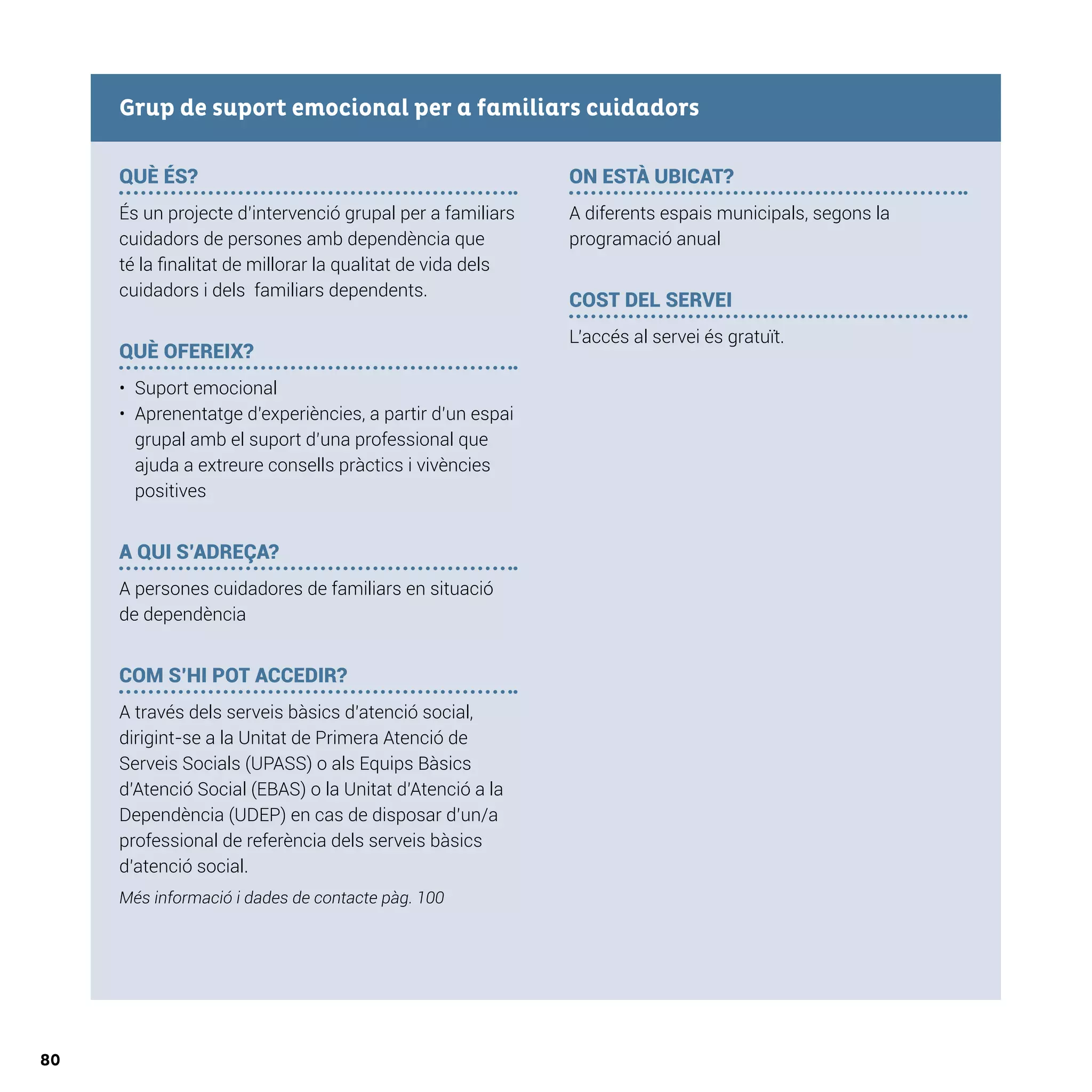 80
QUÈ ÉS?
És un projecte d’intervenció grupal per a familiars
cuidadors de persones amb dependència que
té la finalitat de millorar la qualitat de vida dels
cuidadors i dels familiars dependents.
QUÈ OFEREIX?
•	 Suport emocional
•	 Aprenentatge d’experiències, a partir d’un espai
grupal amb el suport d’una professional que
ajuda a extreure consells pràctics i vivències
positives
A QUI S’ADREÇA?
A persones cuidadores de familiars en situació
de dependència
COM S’HI POT ACCEDIR?
A través dels serveis bàsics d’atenció social,
dirigint-se a la Unitat de Primera Atenció de
Serveis Socials (UPASS) o als Equips Bàsics
d’Atenció Social (EBAS) o la Unitat d’Atenció a la
Dependència (UDEP) en cas de disposar d’un/a
professional de referència dels serveis bàsics
d’atenció social.
Més informació i dades de contacte pàg. 100
ON ESTÀ UBICAT?
A diferents espais municipals, segons la
programació anual
COST DEL SERVEI
L’accés al servei és gratuït.
Grup de suport emocional per a familiars cuidadors
 