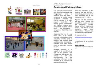 AMPA Puigberenguer
Març 2014

Curs 2013-2014

Comissió d’Extraescolars
Les activitats extraescolars
són activitats de lleure que
s’organitzen
amb
la
intenció que els nens i
nenes de la nostra escola
gaudeixin
després
de
l’horari escolar i a més,
puguin
aprendre,
fer
esport, jugar, concentrarse, ballar, relaxar-se,...
compartint aquesta estona
amb
els companys i
companyes d’activitat i de
l’escola.
Organitzar-ho no és una
tasca fàcil, i la nostra
comissió s’esforça en oferir
activitats variades amb la
finalitat que tinguin bona
acollida entre els infants i
sobretot que s’ho passin
molt bé aprenent mentre
les fan.
Aquesta comissió té el
suport de la coordinadora,
que és la persona que
s’encarrega diàriament del
control
i
del
bon
funcionament
de
les
activitats, informant en tot
moment a la comissió de
qualsevol incidència.
23

Totes les activitats es fan
després de les 16:30h i
s’intenta que diàriament hi
hagi activitats per a tots
els cursos (de P4 a 6è).
Algunes de les activitats
que els nens i nenes han
pogut triar aquest curs són
les
següents:
Anglès,
Dansa d’Arrel Tradicional,
Escacs, Art Menut, Cuina,
Guitarra,
Ioga,
Judo,
Informàtica,
Movem-nos,
Multiesports i Lego-Robot.
El nostre mail és:
extraescolars.puigberenguer@gmail.com

La portaveu de la comissió
és la:
Rosa Pareja
extraescolars.puigberenguer@gmail.
com

 