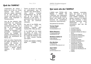 Març 2014

Què és l’AMPA?
L’associació de mares i
pares és el lloc on, d’una
manera
més
activa
i
efectiva, podeu participar
en la vida escolar. Les
mares i els pares tenim un
paper molt important a
l’escola pública.
Una de les tasques més
importants és organitzar
bona part dels serveis
complementaris del dia a
dia, on es gestionen des
del
servei
d’acollida
matinal, el menjador i les
activitats
extraescolars.
També es treballa en
tasques d’infrastructura, de
festes, de reutilització de
llibres, etc...
Això ens dóna l’oportunitat
de poder col·laborar en la
qualitat de l’escola, de
poder millorar els seus
serveis, fins al punt on les
mares i pares siguem
capaços, i de donar-hi
caliu.

AMPA Puigberenguer
Curs 2012-2013

Tenim al davant un repte
de participació que fa
l’escola més democràtica i
més
activa.
L’escola
Puigberenguer és, de fet,
una de les escoles de
Manresa on els pares hi
participem més i això és un
fet
que
cal
continuar
reforçant.
Per això hi ha l’AMPA, per
conèixer-nos
millor
i
conèixer
l’escola
dels
nostres fills i filles per dins.
Hi ha AMPA per fer coses
en equip, en grup. Una
AMPA oberta a tothom per
fer costat als mestres i per
fer millor encara l’escola
que volem.
TOTES LES MARES I PARES
SOM
L’AMPA
!!

Qui som els de l’AMPA?
L’AMPA som TOTES LES
MARES
I
PARES
DE
L’ESCOLA, ens organitzem
per comissions de treball i
tenim una JUNTA que fa
funcions de coordinació,
tresoreria i administració.
Actualment la formem:
Teresa Espel
(Presidenta)
teresaespel@gmail.com

Sílvia Navarro
(Vicepresidenta)
xaps@telefonica.net

M.Dolors Gabarró
(Secretària)
mdolors@totgestio.com

Eva Benítez
(Tresorera)
eva.benitez.cebrian@gmail.com

Joan Soler
(Tresorer)
joaniteresa@gmail.com

5

Les
tasques
concretes,
però, les duen a terme
diferents comissions. En
total l’AMPA mobilitza en
aquest moment al voltant
de cent persones. I totes
aquestes persones estan
distribuïdes
en
15
comissions, que són les
següents:
•
•
•
•
•
•
•
•
•
•
•
•
•
•
•

Consell Escolar
Comissió d’Entorn
Comissió d’Esports
Comissió d’Escola de Mares i
Pares
Comissió de Gegants
Comissió de Carnestoltes
Comissió de Cultura i
Comunicació
Comissió de Festes
Comissió d’Extraescolars
Comissió de Servei
Despertador i Casals
Comissió de Menjador
Comissió de Delegats
Comissió de Solidaritat.
Comissió de Reutilització de
Llibres
FAMPA

 