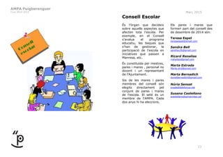 AMPA Puigberenguer
Curs 2014-2015 Març 2015
11
Consell Escolar
És l’òrgan que decideix
sobre aquells aspectes que
afecten tota l’escola. Per
exemple, en el Consell
s’avalua el programa
educatiu, les beques que
s’han de gestionar, la
participació de l‘escola en
iniciatives que passen a
Manresa, etc.
És constituïda per mestres,
pares i mares , personal no
docent i un representant
de l’Ajuntament.
Sis de les mares i pares
membres del consell són
elegits directament pel
conjunt de pares i mares
de l’escola. El setè és un
membre de l‘AMPA. Cada
dos anys hi ha eleccions.
Els pares i mares que
formen part del consell des
de desembre de 2014 són:
Teresa Espel
teresaespel@gmail.com
Sandra Bell
sandrax26@gmail.com
Ricard Renalias
rrenalias@gmail.com
Marta Estrada
Marta.strd@gmail.com
Marta Bernadich
bonetbernadich@gmail.com
Núria Sensat
evade@telefonica.net
Susana Castellano
scastellano@ajmanresa.cat
 