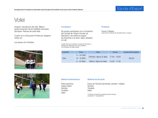 Informació d’activitats 2015-2016 16
En aquesta àrea hi ha aplicat un descompte a partir del segon dia d’activitat, encara que es tracti d’esports diferents. Escola d’Esport
Volei
Professor
Ferran Collados
Llicenciat en Ciències de l’Activitat Física i l’Esport
Competició
Els equips participaran en la competició
del Consell de l’Esport Escolar de
Barcelona i els partits es juguen
els divendres a la tarda i algun dissabte
al matí.
A partir del mes d’octubre, a la web de l’Escola, hi
trobaran els calendaris, les convocatòries
i els resultats de cada jornada.
Activitat Curs Dies Horari Quota (€/trimestre)
Volei
1r - 2n ESO
Dimarts i dijous (2 dies) 17.00 - 19.00
180,503r - 4t ESO
1r - 2n Batx. Dilluns i dijous (2 dies) 15.30 - 17.00
Iniciació i tecnificació del volei. Millora i
perfeccionament de les habilitats tècniques,
tàctiques i físiques de cada edat.
A partir de 3 d’Educació Primària és obligatori
dutxar-se.
Les places són limitades.
Material dia de partit
Equip de l’Escola (samarreta, pantaló i mitges)*
Xancles
Tovallola
Sabó
*Comprar a través de la pàgina web de l’Escola
a partir de l’1 de setembre.
Material entrenaments
Roba esportiva
Calçat adient
Xancles
Tovallola
Sabó
 