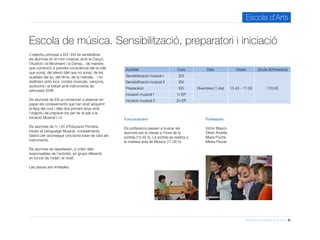 Informació d’activitats 2015-2016 21
Escola d’Arts
Escola de música. Sensibilització, preparatori i iniciació
Professors
Víctor Blasco
Óliver Andrés
Maria Puche
Mireia Pauné
Activitat Curs Dies Horari Quota (€/trimestre)
Sensibilització musical I EI3
Divendres (1 dia) 15.45 - 17.00 110,00
Sensibilització musical II EI4
Preparatori EI5
Iniciació musical I 1r EP
Iniciació musical II 2n EP
Funcionament
Els professors passen a buscar els
alumnes per la classe a l’hora de la
sortida (15.45 h). La sortida es realitza a
la mateixa aula de Música (17.00 h).
L’objectiu principal a EI3 i EI4 és sensibilitzar
els alumnes en el món musical, amb la Cançó,
l’Audició i el Moviment i la Dansa... de manera
que comencin a prendre consciència del so (del
que sona), del silenci (del que no sona), de les
qualitats del so, del ritme, de la melodia... i ho
realitzem amb jocs, contes musicals, cançons,
audicions i el treball amb instruments de
percussió (Orff).
Els alumnes de EI5 ja comencen a plasmar en
paper els coneixements que han anat adquirint
al llarg del curs i dels dos primers anys amb
l’objectiu de preparar-los per fer el salt a la
Iniciació Musical I i II.
Els alumnes de 1r i 2n d’Educació Primària
inicien el Llenguatge Musical, coneixements
bàsics per aconseguir una bona base de cara als
instruments.
Els alumnes es reparteixen, a criteri dels
responsables de l’activitat, en grups diferents
en funció de l’edat i el nivell.
Les places són limitades.
 