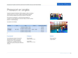 Informació d’activitats 2015-2016 9
En aquesta àrea hi ha aplicat un descompte a partir del segon dia d’activitat, encara que es tracti d’esports diferents. Escola d’Esport
Preesport en anglès
Professors
Anna Alcalde
Magisteri Educació Primària
Laura Arias
Magisteri Educació Primària
Funcionament
Les professores passen a buscar els
alumnes per la classe a l’hora de la
sortida (16.45 h) i els acompanyen
a canviar-se. La sortida (18.30 h) es
realitza per la porta d’Educació Infantil de
l’Escola.
Activitat Curs Dies Horari Quota (€/trimestre)
Preesport
en anglès
EI3 - EI5
De dilluns a dijous (1 dia)
16.45 - 18.30
130,00
De dilluns a dijous (2 dies) 180,50
De dilluns a dijous (3 dies) 254,00
De dilluns a dijous (4 dies) 313,00
e
Material
Roba esportiva
Calçat adient
Iniciació als esports (minitennis, futbol, bàsquet i volei) on la llengua
vehicular serà en tot moment l’anglès. Aprenentatge progressiu
de les diverses habilitats psicomotrius pròpies de cada edat.	
Els alumnes es reparteixen, a criteri dels responsables de
l’activitat, en grups diferents en funció de l’edat, el nivell i les ràtios
(entre 8 i 12 alumnes/grup).
Les places són limitades.
 