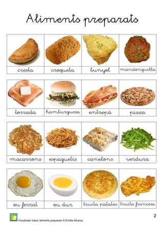 Vocabulari bàsic aliments preparats © Emilia Alcaraz 
2 
AAAAlllliiiimmmmeeeennnnttttssss pppprrrreeeeppppaaaarrrraaaattttssss 
cresta croqueta bunyol mandonguilla 
torrada hamburguesa entrepà pizza 
macarrons espaguetis canelons verdura 
ou ferrat ou dur truita patates truita francesa 
 