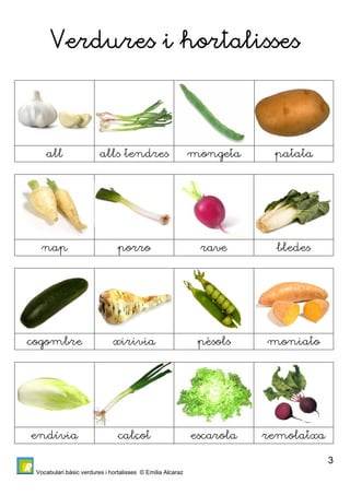 Vocabulari bàsic verdures i hortalisses © Emilia Alcaraz 
3 
Verdures i hortalisses 
all alls tendres mongeta patata 
nap porro rave bledes 
cogombre xirivia pèsols moniato 
endívia calçot escarola remolatxa 
 