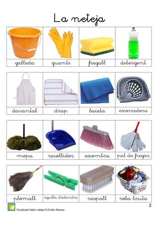 Vocabulari bàsic neteja © Emilia Alcaraz 
2 
La neteja 
galleda guants fregall detergent 
davantal drap baieta escorredora 
mopa recollidor escombra pal de fregar 
plomall agulla d’estendre raspall roba bruta 
 