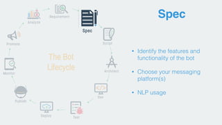 Spec
• Identify the features and
functionality of the bot
• Choose your messaging
platform(s)
• NLP usage
 