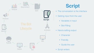 Script
• The conversation is the interface
• Getting input from the user
• Variables in input
• Slot Filling
• Hand-crafting output
• Character
• Friendly
• Guide the user
• Script writers
 