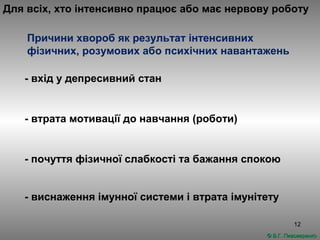12
Причини хвороб як результат інтенсивних
фізичних, розумових або психічних навантажень
© В.Г. Пивоваренко© В.Г. Пивоваренко
- виснаження імунної системи і втрата імунітету
- вхід у депресивний стан
- втрата мотивації до навчання (роботи)
- почуття фізичної слабкості та бажання спокою
Для всіх, хто інтенсивно працює або має нервову роботу
 
