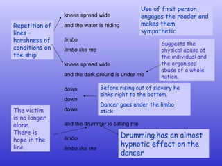 knees spread wide and the water is hiding limbo limbo like me   knees spread wide  and the dark ground is under me   down down down and the drummer is calling me   limbo limbo like me   Use of first person engages the reader and makes them sympathetic Repetition of lines – harshness of conditions on the ship Before rising out of slavery he sinks right to the bottom. Dancer goes under the limbo stick Drumming   has an almost hypnotic effect on the dancer Suggests the physical abuse of the individual and the organised abuse of a whole nation.   The victim is no longer alone. There is hope in the line. 