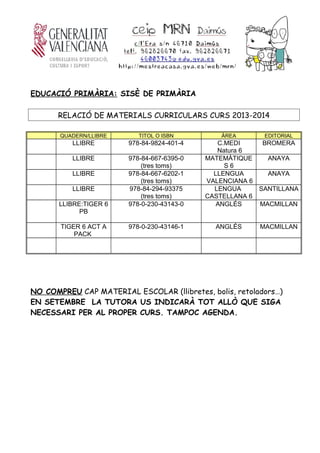 EDUCACIÓ PRIMÀRIA: SISÈ DE PRIMÀRIA
RELACIÓ DE MATERIALS CURRICULARS CURS 2013-2014
QUADERN/LLIBRE TITOL O ISBN ÀREA EDITORIAL
LLIBRE 978-84-9824-401-4 C.MEDI
Natura 6
BROMERA
LLIBRE 978-84-667-6395-0
(tres toms)
MATEMÀTIQUE
S 6
ANAYA
LLIBRE 978-84-667-6202-1
(tres toms)
LLENGUA
VALENCIANA 6
ANAYA
LLIBRE 978-84-294-93375
(tres toms)
LENGUA
CASTELLANA 6
SANTILLANA
LLIBRE:TIGER 6
PB
978-0-230-43143-0 ANGLÉS MACMILLAN
TIGER 6 ACT A
PACK
978-0-230-43146-1 ANGLÉS MACMILLAN
NO COMPREU CAP MATERIAL ESCOLAR (llibretes, bolis, retoladors…)
EN SETEMBRE LA TUTORA US INDICARÀ TOT ALLÒ QUE SIGA
NECESSARI PER AL PROPER CURS. TAMPOC AGENDA.
 