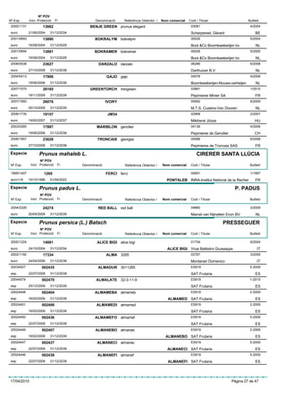 Nº POV
Nº Exp.      Inici Protecció    Fi             Denominació     Referència Obtentor /   Nom comercial   Codi / Titular                     Butlletí
 2000/1131            13662                 BENJE GREEN prunus elegant                                  03081                              4/2004
 euro        21/06/2004    31/12/2034                                                                   Scherpereel, Gérard                    BE
 2001/0693            13890                    BOKRALYM bokralym                                        00026                              5/2004
 euro        16/08/2004    31/12/2029                                                                   Boot &Co Boomkwekerijen bv             NL
 2001/0694            13891                   BOKRAMER bokramer                                         00026                              5/2005
 euro        16/08/2004    31/12/2029                                                                   Boot &Co Boomkwekerijen bv             NL
 2006/0538            23627                      DARZALO darzalo                                        06286                              6/2008
 euro        27/10/2008    31/12/2038                                                                   Darthuizer B.V.                        NL
 2004/0413            17906                           GAJO gajo                                         04578                              4/2006
 euro        19/06/2006    31/12/2036                                                                   Boomkwekerijen-Nouws-verheijen         NL
 2007/1070            26185                 GREENTORCH mingreen                                         03881                              1/2010
 euro        16/11/2009    31/12/2039                                                                   Pepinieres Minier SA                   FR
 2007/1950            26076                           IVORY                                             05992                              6/2009
 euro        05/10/2009    31/12/2039                                                                   M.T.S. Custers-Van Dooren              NL
 2006/1735            19157                           JM34                                              02968                              2/2007
 euro        19/02/2007    31/12/2037                                                                   Miklósné Józsa                         HU
 2003/0265            17887                     MARIBLON genolier                                       04139                              4/2006
 euro        19/06/2006    31/12/2036                                                                   Pepinieres de Genolier                 CH
 2006/1957            23628                     TRONCAIS georges                                        05588                              6/2008
 euro        27/10/2008    31/12/2038                                                                   Pepinieres de Troncais SAS             FR
Especie            Prunus mahaleb L.                                                                        CIRERER SANTA LLÚCIA
                    Nº POV
 Nº Exp.      Inici Protecció    Fi     Denominació            Referència Obtentor /   Nom comercial    Codi / Titular                     Butlletí

 1995/1407             1269                           FERCI ferci                                       00691                              1/1997
 euro116     15/10/1996    01/04/2022                                                     PONTALEB INRA-Institut National de la Recher         FR

Especie            Prunus padus L.                                                                                                P. PADUS
                    Nº POV
 Nº Exp.      Inici Protecció    Fi     Denominació            Referència Obtentor /   Nom comercial    Codi / Titular                     Butlletí

 2004/2326            24274                     RED BALL red ball                                       04860                              3/2009
 euro        20/04/2009    31/12/2039                                                                   Marcel van Nijnatten Enzn BV           NL

Especie            Prunus persica (L.) Batsch                                                                             PRESSEGUER
                    Nº POV
 Nº Exp.      Inici Protecció    Fi     Denominació            Referència Obtentor /   Nom comercial    Codi / Titular                     Butlletí

 2000/1224            14081                     ALICE BIGI alice bigi                                   01734                              6/2004
 euro        24/10/2004    31/12/2034                                                     ALICE BIGI Vivai Battistini Giusseppe                 IT
 2002/1192            17334                           ALMA 3285                                         02787                              3/2006
 euro        24/04/2006    31/12/2036                                                                   Montanari Domenico                      IT
 20034527            002435                     ALMADUR 3011285                                         ES919                              5-2009
 esp         22/07/2009    31/12/2039                                                                   SAT Frutaria                           ES
 20044574            002470                    ALMALATE 32-3-11-9                                       ES919                              1-2010
 esp         25/12/2009    31/12/2039                                                                   SAT Frutaria                           ES
 20024448            002404                    ALMAMEBA almameb                                         ES919                              2-2009
 esp         16/02/2009    31/12/2039                                                     ALMAMED SAT Frutaria                                 ES
 20024451            002406                    ALMAMEDI almamed                                         ES919                              2-2009
 esp         16/02/2009    31/12/2039                                                                   SAT Frutaria                           ES
 20024450            002436                    ALMAMEFO almamef                                         ES919                              5-2009
 esp         22/07/2009    31/12/2039                                                                   SAT Frutaria                           ES
 20024449            002407                    ALMANEBO almaneb                                         ES919                              2-2009
 esp         16/02/2009    31/12/2039                                                    ALMANEBO SAT Frutaria                                 ES
 20024447            002437                     ALMANECI almanec                                        ES919                              5-2009
 esp         22/07/2009    31/12/2039                                                     ALMANECI SAT Frutaria                                ES
 20024446            002438                     ALMANEFI almanef                                        ES919                              5-2009
 esp         22/07/2009    31/12/2039                                                     ALMANEFI SAT Frutaria                                ES




17/04/2010                                                                                                                       Pàgina 27 de 47
 