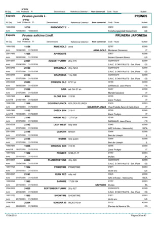 Nº POV
Nº Exp.      Inici Protecció    Fi              Denominació     Referència Obtentor /   Nom comercial   Codi / Titular                     Butlletí

Especie            Prunus pumila L.                                                                                                 PRUNUS
                    Nº POV
 Nº Exp.      Inici Protecció    Fi      Denominació            Referència Obtentor /   Nom comercial    Codi / Titular                     Butlletí

 1995/3032            10710                 RHENOROOT 2 -                                                00672                              3/2003
 euro        10/03/2003    10/03/2033                                                                    Forschungsanstalt Geisenheim           DE
Especie            Prunus salicina Lindl.                                                                           PRUNERA JAPONESA
                    Nº POV
 Nº Exp.      Inici Protecció    Fi      Denominació            Referència Obtentor /   Nom comercial    Codi / Titular                     Butlletí

 1999/1392            15154                    ANNE GOLD anna                                            02787                              3/2005
 euro        18/04/2005    31/12/2035                                                     ANNA GOLD Montanari Domenico                           IT
 2001/1950            17835                     APHRODITE                                                03677                              4/2006
 euro        06/06/2006    31/12/2036                                                                    Bubani Giovanni Bosco                  US
 2004/2637            24827                AUGUST YUMMY 26 p 775                                         03299/00279                        3/2009
 euro        20/04/2009    31/12/2039                                                                    S.N.C. STAR FRUITS - Sel. Plant        ES
 2003/2465            23143                     BRAGIALLA 35 p 1244                                      03299/00279                        5/2008
 euro        07/07/2008    31/12/2038                                                                    S.N.C. STAR FRUITS - Sel. Plant        ES
 2003/2466            23144                     BRAROSSA 13 p 598                                        03299/00279                        5/2008
 euro        07/07/2008    31/12/2038                                                                    S.N.C. STAR FRUITS - Sel. Plant        ES
 2003/2025            25353                  CRIMSON GLO 87 91 pr                                        00189                              4/2009
 euro        08/06/2009    31/12/2039                                                                    DARNAUD, Jean-Pierre                   FR
 2003/2391            23289                             GAIA sel. Sm 01 an                               04487                              5/2008
 euro        21/07/2008    31/12/2038                                                                    Martelli Salvatore                      IT
 1995/1995             4700                    GLOBE SUN 315 90                                          00795                              4/1999
 euro116     21/06/1999    31/12/2029                                                                    Zanzi Fruitgro                          IT
 1996/1080            11950               GOLDEN PLUMZA GOLDEN PLUMZA                                    01474                              6/2003
 euro        20/10/2003    31/12/2033                                              GOLDEN PLUMZA Vivai Fratelle Zanzi di Carlo Zanzi             IT
 1995/1993            15152                    GREEN SUN 315 41                                          00795                              3/2005
 euro116     18/04/2005    31/12/2035                                                                    Zanzi Fruitgro                          IT
 2003/2026            23140                    HIROMI RED 127 97 pr                                      00189                              5/2008
 euro        07/07/2008    31/12/2038                                                                    DARNAUD, Jean-Pierre                   FR
 2003/2028            23142                    LADY WEST lady west                                       03945                              5/2008
 euro        07/07/2008    31/12/2038                                                                    ARC Infruitec - Nietvoorbij SOUT AFRICA
 2001/0993            23146                        LAMOON lamoon                                         03494                              5/2008
 euro        07/07/2008    31/12/2038                                                                    Ben dor Joseph                          IL
 2001/0991            23145                            MGM96 new queen                                   03494                              5/2008
 euro        07/07/2008    31/12/2038                                                                    Ben dor Joseph                          IL
 1995/1994            15856                  ORIGINAL SUN 315 35                                         00795                              5/2005
 euro116     18/07/2005    31/12/2035                                                                    Zanzi Fruitgro                          IT
 1997/1042            11952                       PIONEER S 5B-21-17                                     01757                              6/2003
 euro        20/10/2003    31/12/2033                                                                    Ifruitec                               ZA
 2004/2634            24824               PLUMSWEETONE 40 p 345                                          03299/00279                        3/2009
 euro        20/04/2009    31/12/2039                                                                    S.N.C. STAR FRUITS - Sel. Plant        ES
 1997/1124            11954                     PRIMETIME PRIMETIME                                      01871                              6/2003
 euro        20/10/2003    31/12/2033                                                                    Wuhl eric                              US
 2003/2027            23141                      RUBY RED ruby red                                       03945                              5/2008
 euro        07/07/2008    31/12/2038                                                                    ARC Infruitec - Nietvoorbij SOUT AFRICA
 1999/0049            11963                        SAPHIRE 17-28-184                                     01757                              6/2003
 euro        20/10/2003    31/12/2033                                                      SAPPHIRE Ifruitec                                    ZA
 2004/2635            24825             SEPTEMBER YUMMY 26 p 627                                         03299/00279                        3/2009
 euro        20/04/2009    31/12/2039                                                                    S.N.C. STAR FRUITS - Sel. Plant        ES
 1997/1123            11953                     SHOWTIME SHOWTIME                                        01871                              6/2003
 euro        20/10/2003    31/12/2033                                                                    Wuhl eric                              US
 2004/1839            25364                    SONGRIA 15 99.26.010-cn                                   00132                              4/2009
 euro        08/06/2009    31/12/2039                                                                    Plantas de Navarra SA                  ES



17/04/2010                                                                                                                       Pàgina 38 de 47
 
