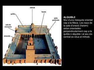 ALQUIBLE
Mur d’una mesquita orientat
cap a la Meca. Les naus de
la sala d’oració (haram)
estan orientades
perpendicularmen...