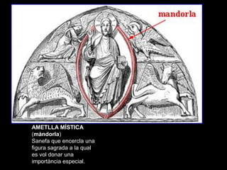 AMETLLA MÍSTICA
(màndorla)
Sanefa que encercla una
figura sagrada a la qual
es vol donar una
importància especial.
 
