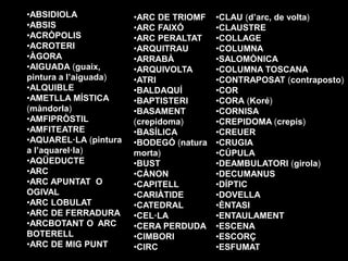•ABSIDIOLA             •ARC DE TRIOMF    •CLAU (d’arc, de volta)
•ABSIS                 •ARC FAIXÓ        •CLAUSTRE
•ACRÒP...